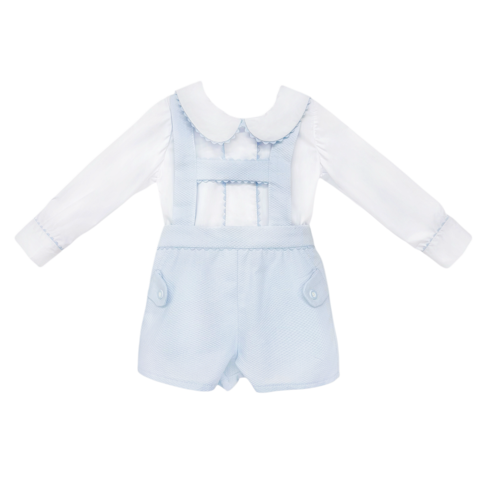 Baby Boys Pale Blue Pique Dungaree Shorts and Shirt Set, product photo front view