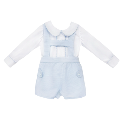 Baby Boys Pale Blue Pique Dungaree Shorts and Shirt Set, product photo front view