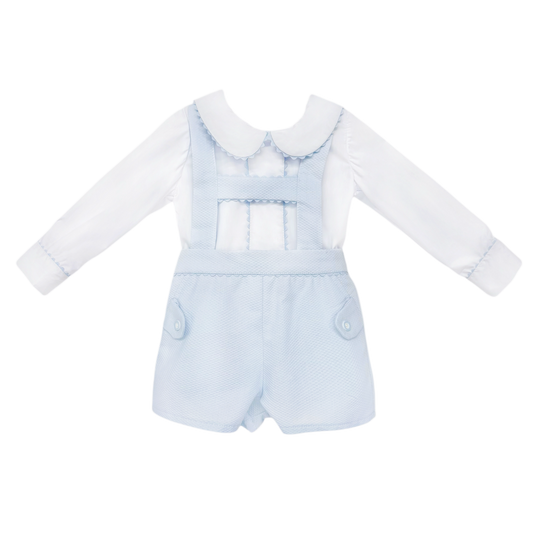 Baby Boys Pale Blue Pique Dungaree Shorts and Shirt Set, product photo front view