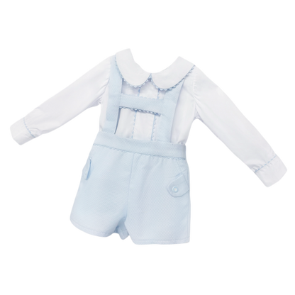 Baby Boys Pale Blue Pique Dungaree Shorts and Shirt Set, product photo alternate view