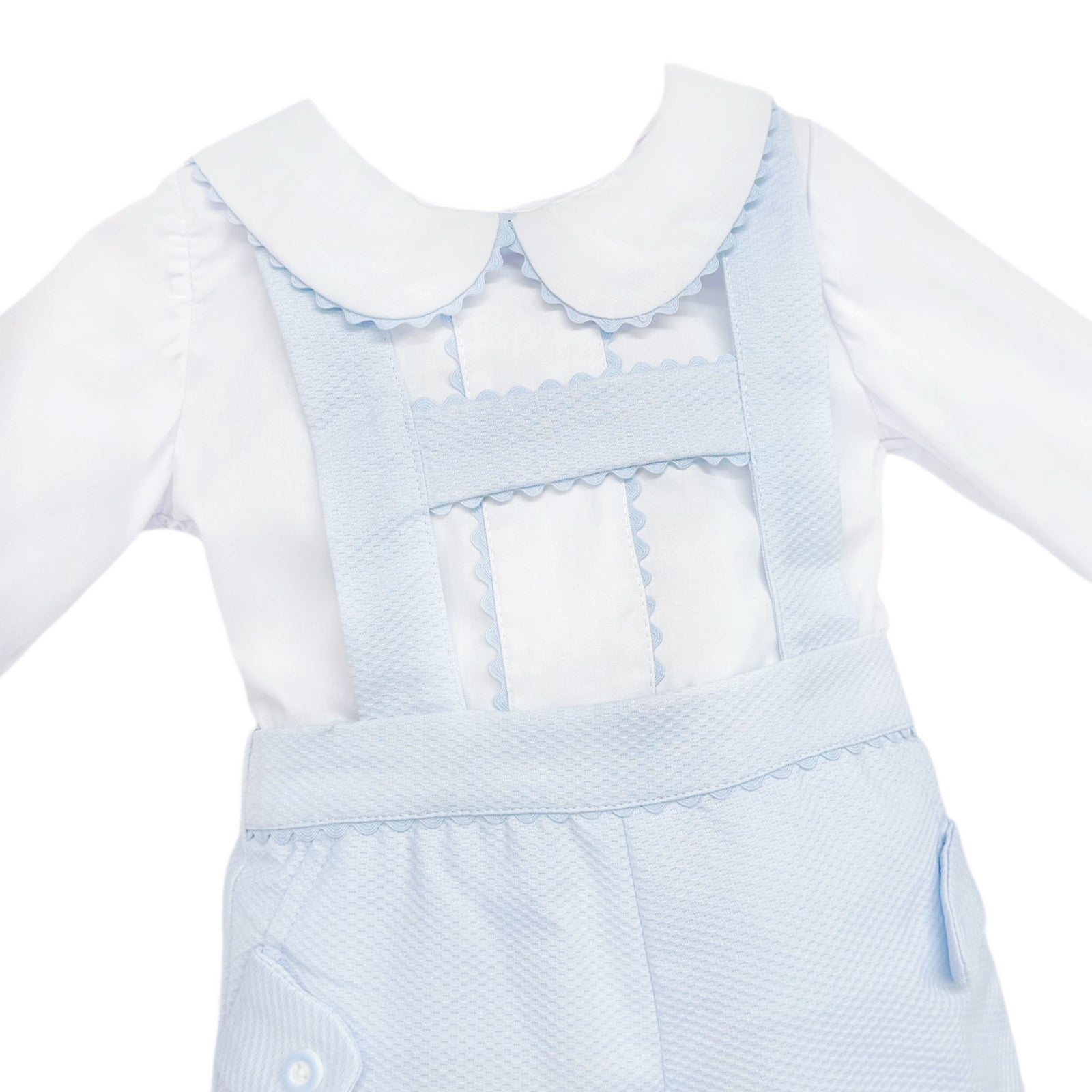 Baby Boys Pale Blue Pique Dungaree Shorts and Shirt Set, product detail view