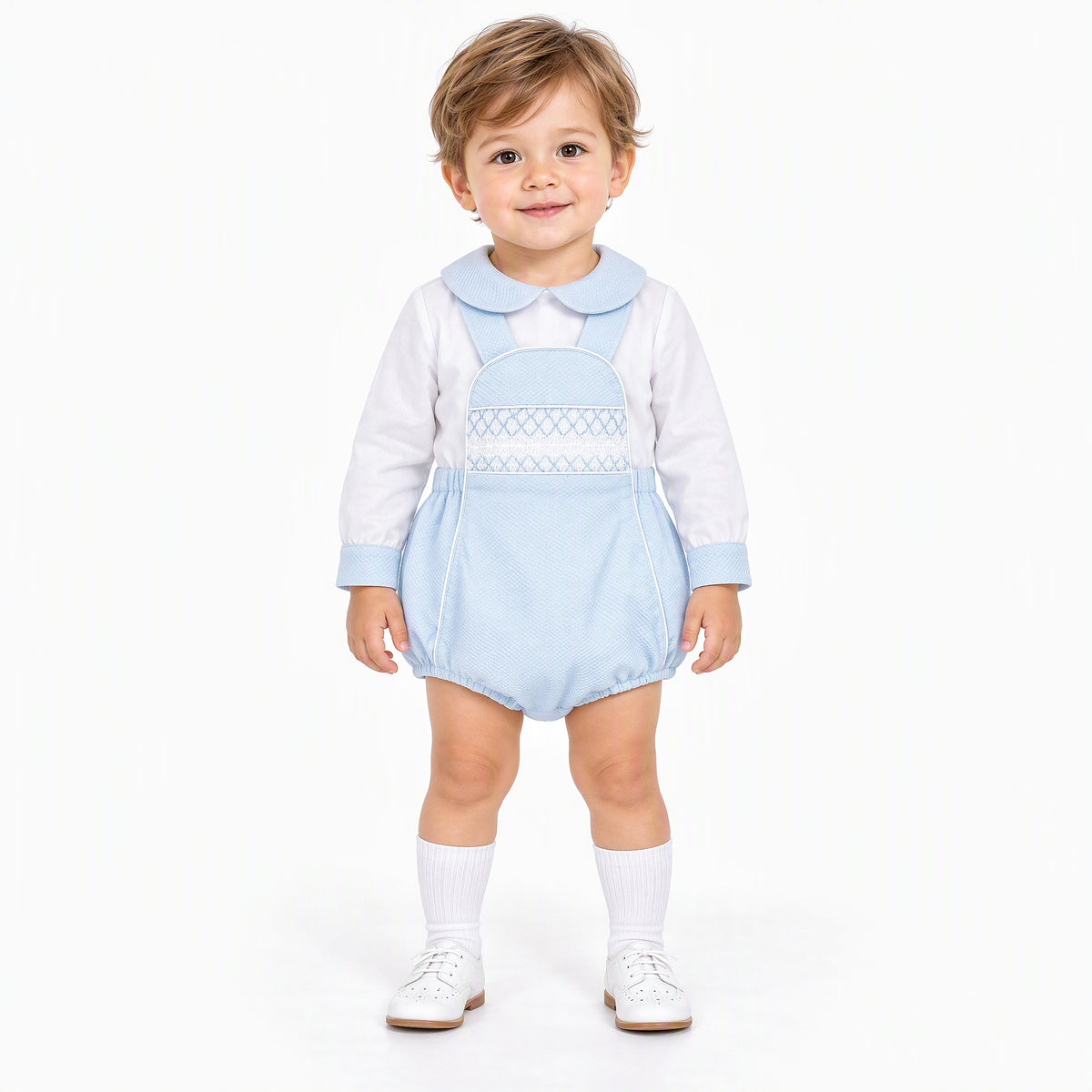 Baby Boys Pale Blue Smocked Pique Romper and Shirt Set
