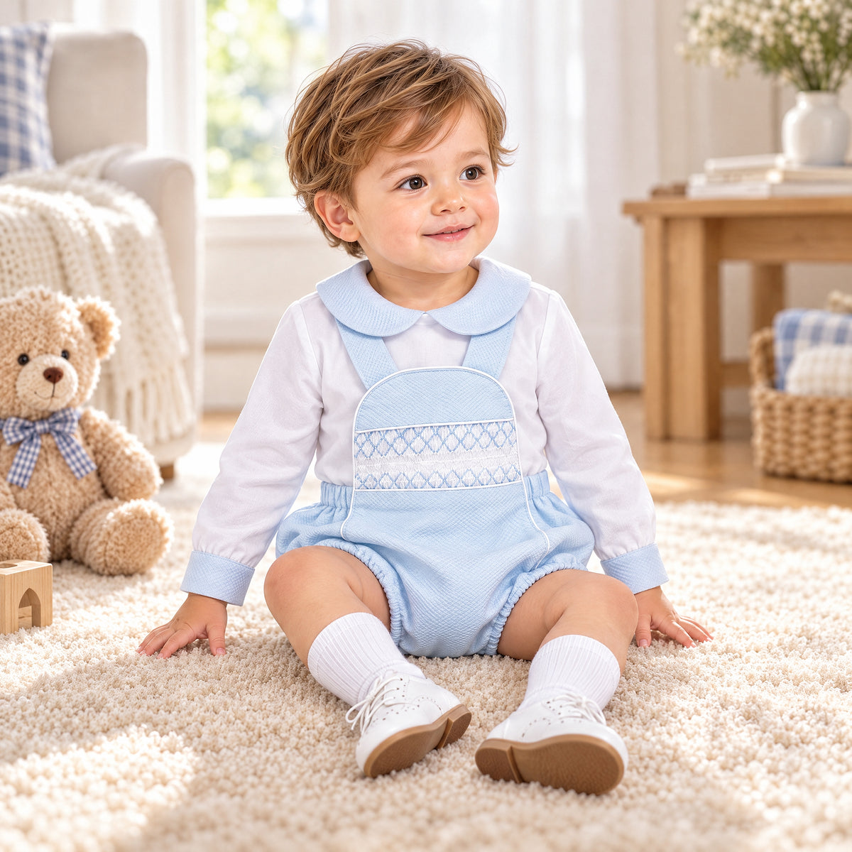 Baby Boys Pale Blue Smocked Pique Romper and Shirt Set