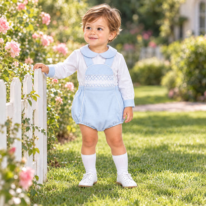 Baby Boys Pale Blue Smocked Pique Romper and Shirt Set