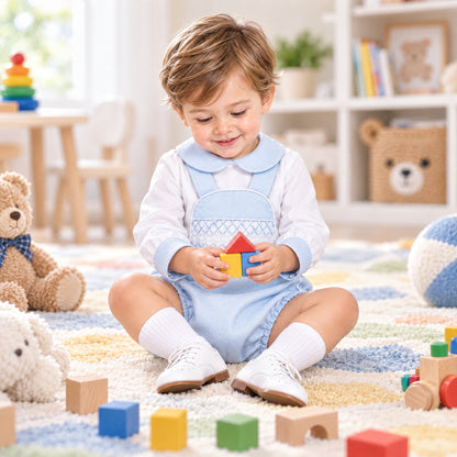 Baby Boys Pale Blue Smocked Pique Romper and Shirt Set