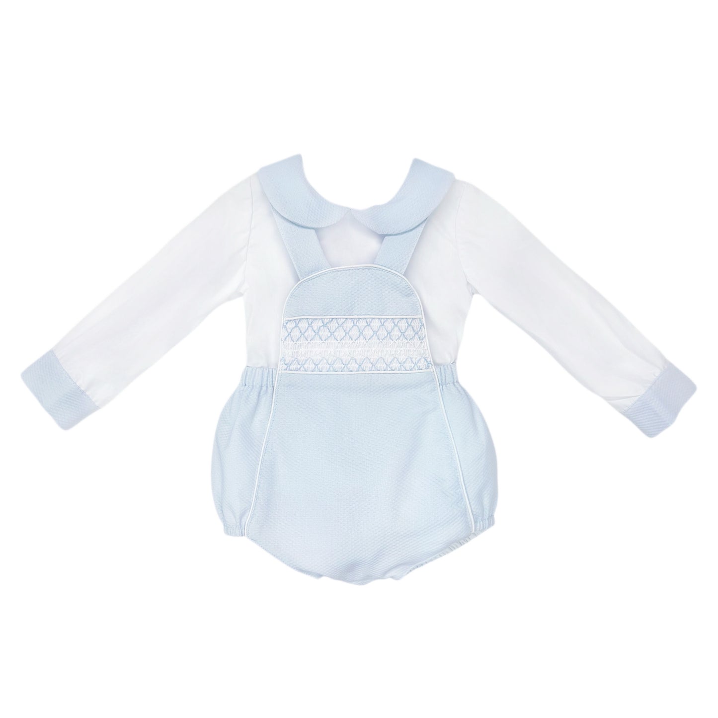 Baby Boys Pale Blue Smocked Pique Romper and Shirt Set, product photo front view