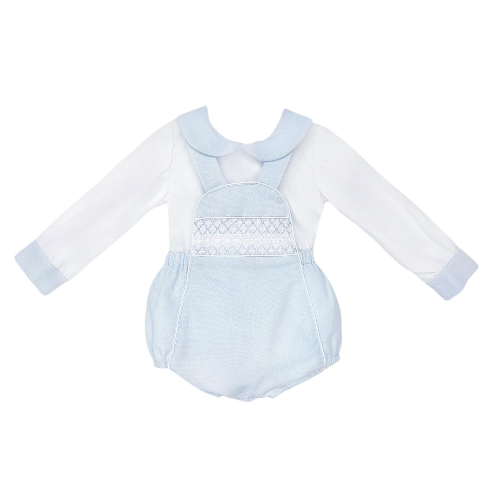 Baby Boys Pale Blue Smocked Pique Romper and Shirt Set, product photo front view