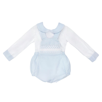 Baby Boys Pale Blue Smocked Pique Romper and Shirt Set, product photo front view