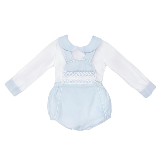 Baby Boys Pale Blue Smocked Pique Romper and Shirt Set, product photo front view