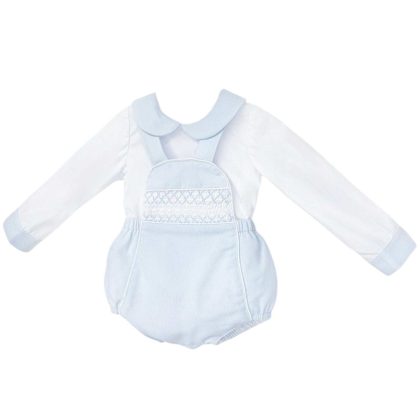 Baby Boys Pale Blue Smocked Pique Romper and Shirt Set, product photo alternate view