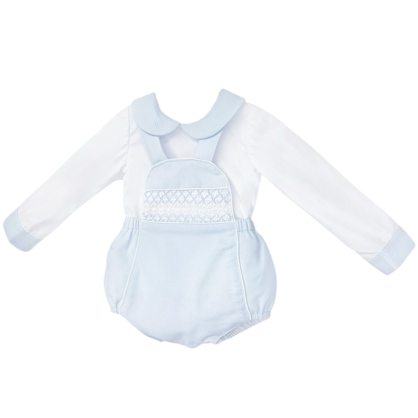 Baby Boys Pale Blue Smocked Pique Romper and Shirt Set, product photo alternate view