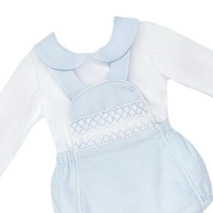 Baby Boys Pale Blue Smocked Pique Romper and Shirt Set, product detail view