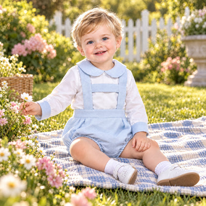 Baby Boys Pale Blue Pique Bubble Romper and Shirt Set