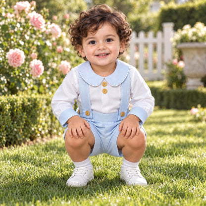 Baby Boys Pale Blue Pique Brace Shorts and Shirt Set