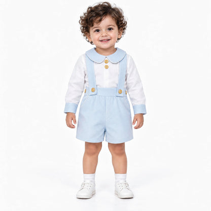 Baby Boys Pale Blue Pique Brace Shorts and Shirt Set