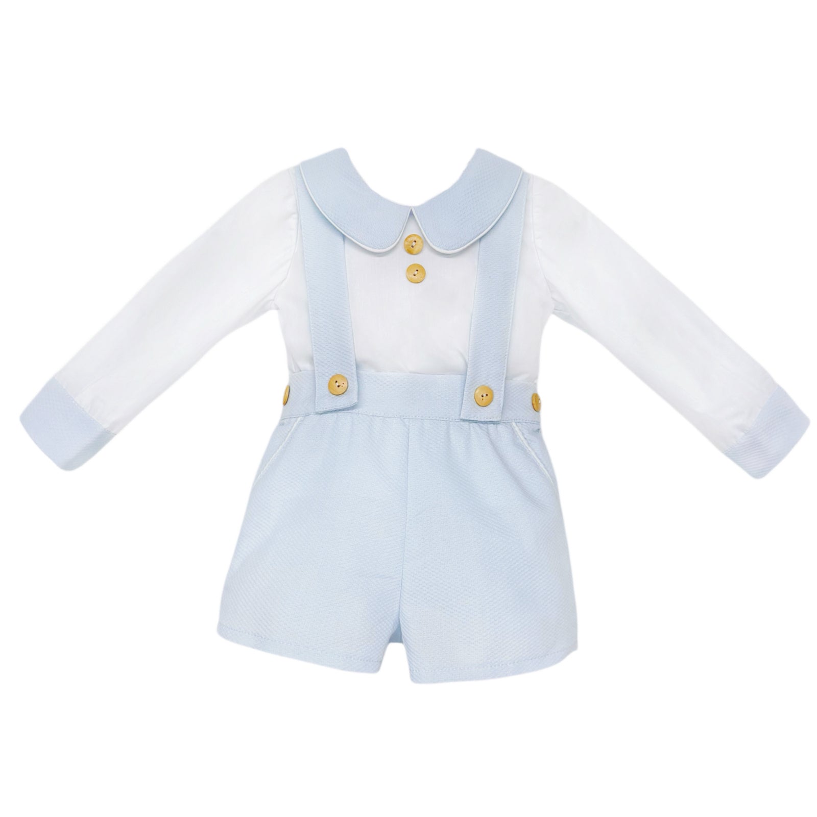 Baby Boys Pale Blue Pique Brace Shorts and Shirt Set, product photo front view