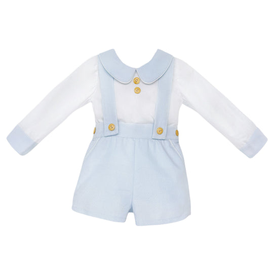 Baby Boys Pale Blue Pique Brace Shorts and Shirt Set, product photo front view