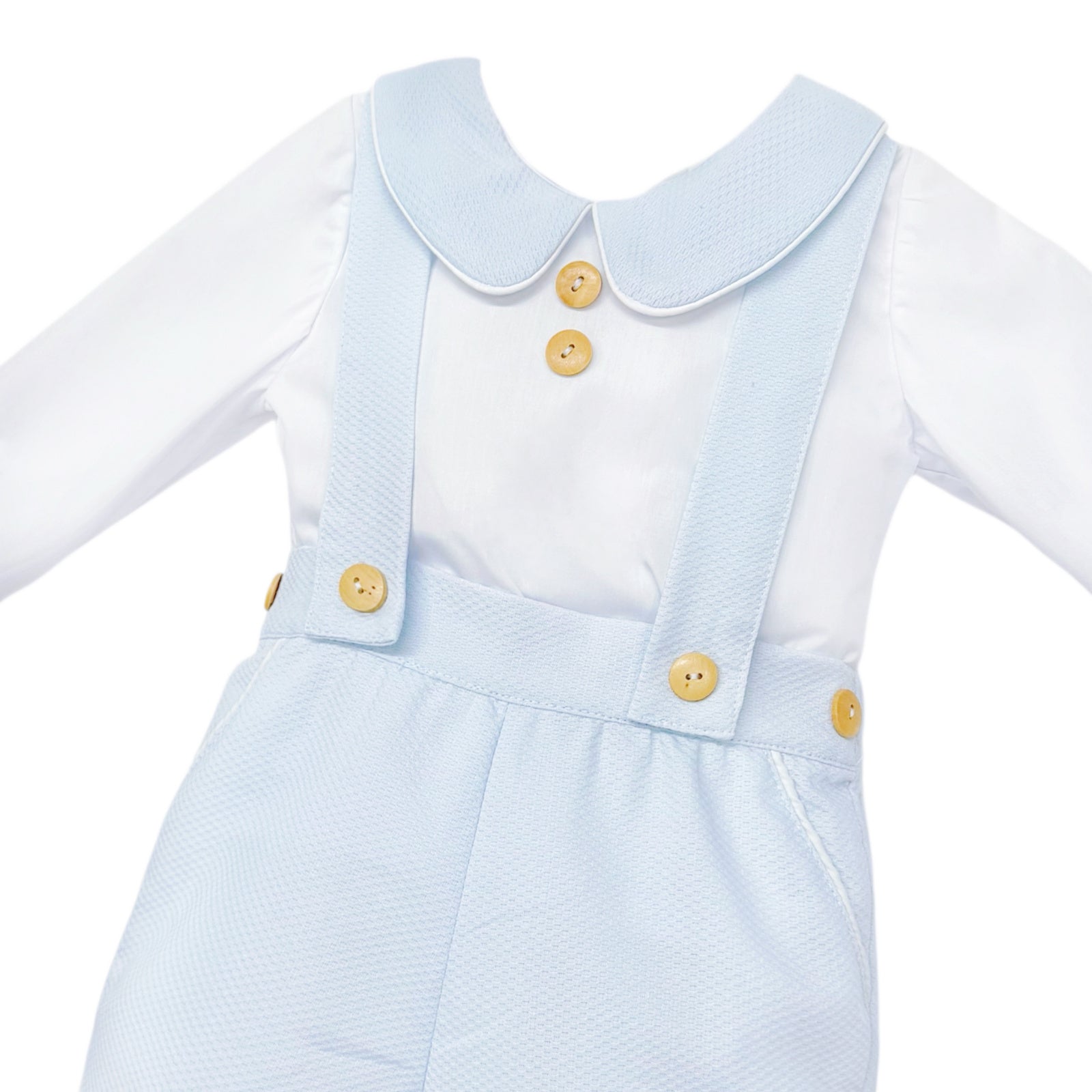 Baby Boys Pale Blue Pique Brace Shorts and Shirt Set, product detail view