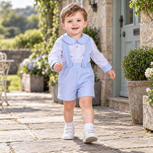 Baby Boys Blue Waffle Brace Shorts and Shirt Set