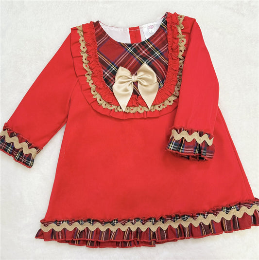 Baby Girls Red Tartan Bib Dress with Cream Bow
