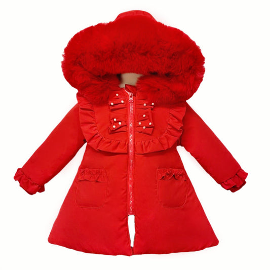Baby Girls Red Puffer Coat With Faux Fur Hood