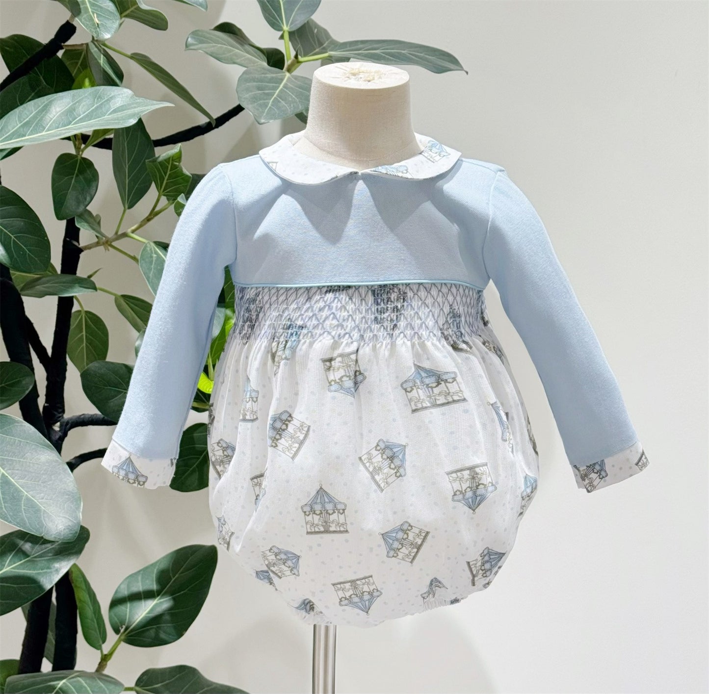 Baby Boy Blue Rocking Horse Print Romper