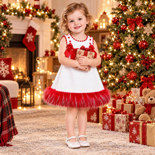 Baby Girls White Waffle Dress with Red Faux Fur Hem