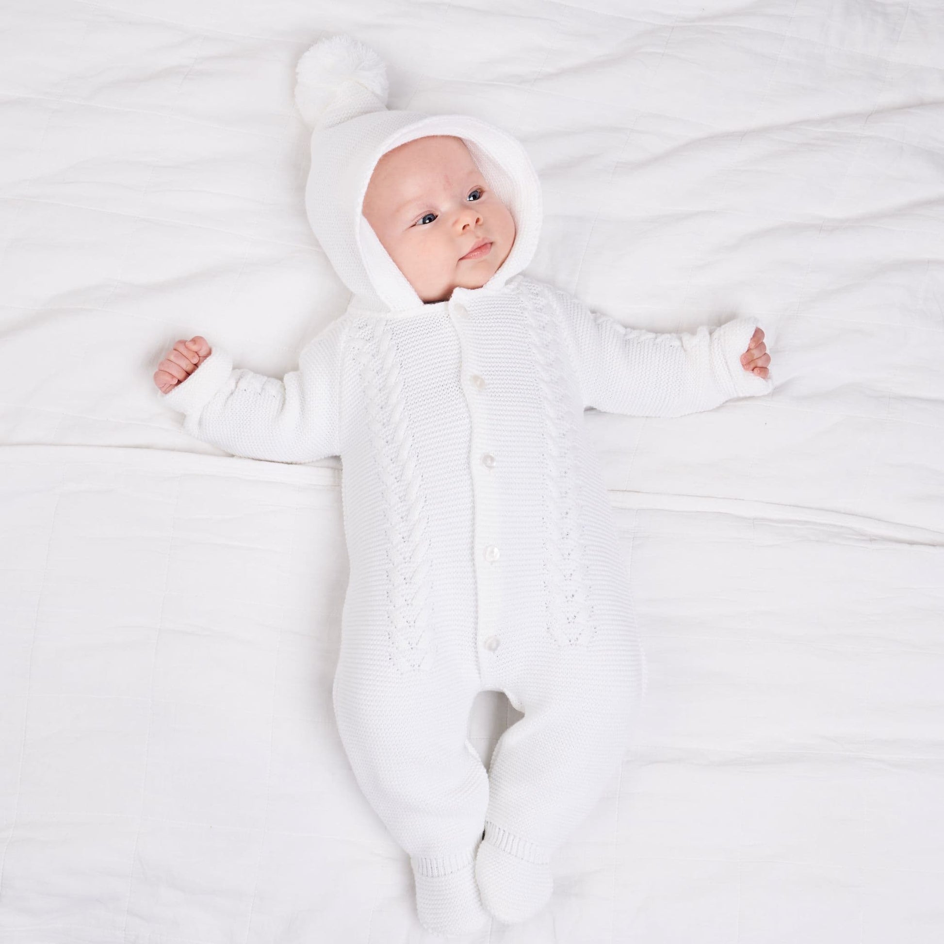 White Cable Knitted Pramsuit - Wee Me Baby