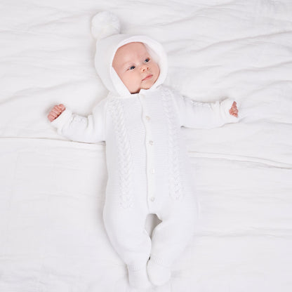 White Cable Knitted Pramsuit - Wee Me Baby