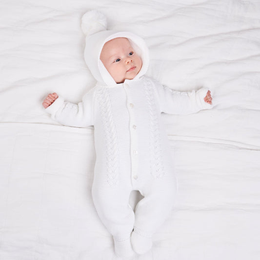 White Cable Knitted Pramsuit - Wee Me Baby