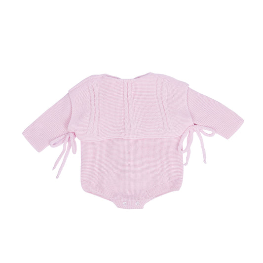 Baby Pink Knit Romper with Cable Panel and Side Ties