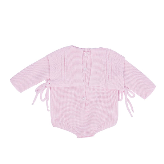 Baby Pink Knit Romper with Cable Panel and Side Ties