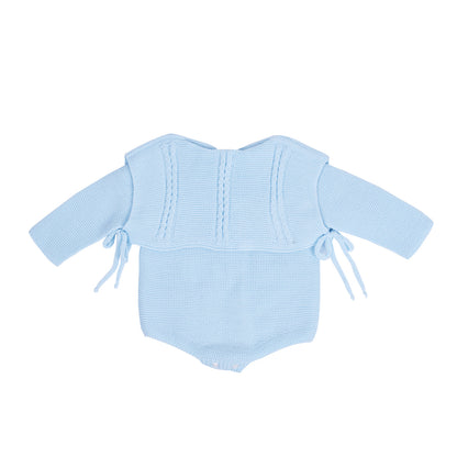 Baby Pale Blue Knit Romper with Cable Panel and Side Ties