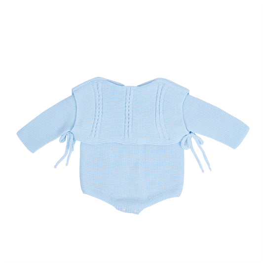 Baby Pale Blue Knit Romper with Cable Panel and Side Ties