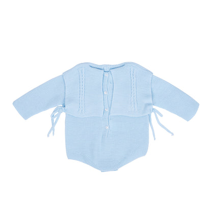 Baby Pale Blue Knit Romper with Cable Panel and Side Ties