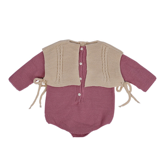 Baby Dusty Pink Knit Romper with Camel Overlay