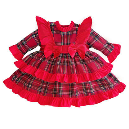 Baby Girls Red Tartan Frill Shoulder Puffball Dress