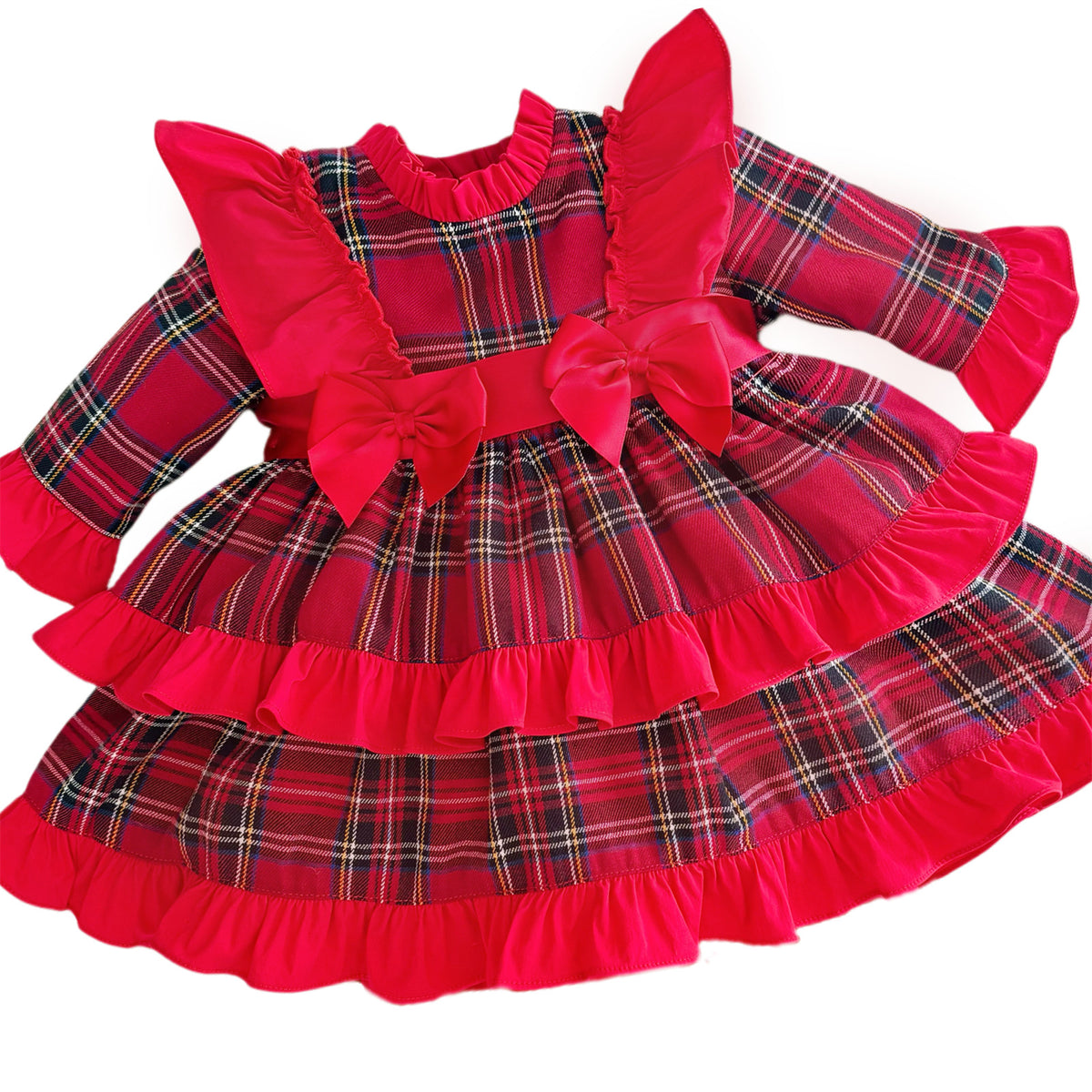Baby Girls Red Tartan Frill Shoulder Puffball Dress