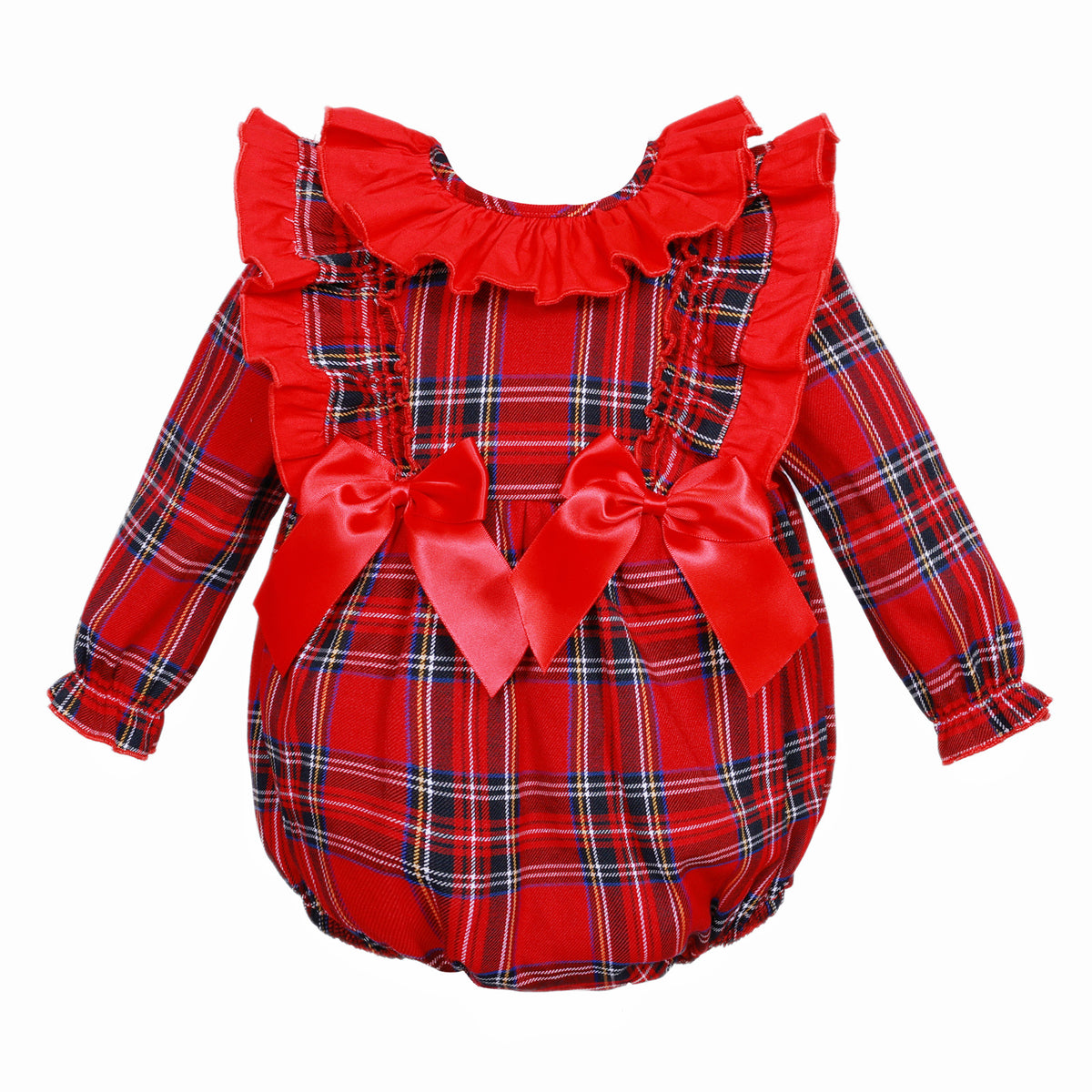 Baby Girls Red Tartan Frill Shoulder Bow Romper