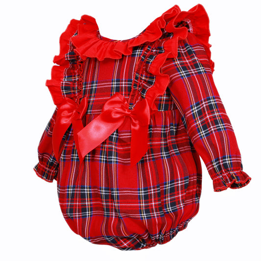 Baby Girls Red Tartan Frill Shoulder Bow Romper