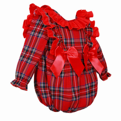 Baby Girls Red Tartan Frill Shoulder Bow Romper