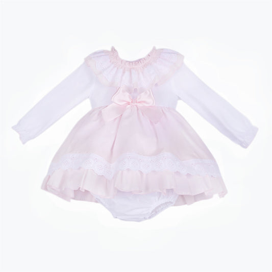 Baby Girls Pale Pink Broderie Frill Dress & Pants Set