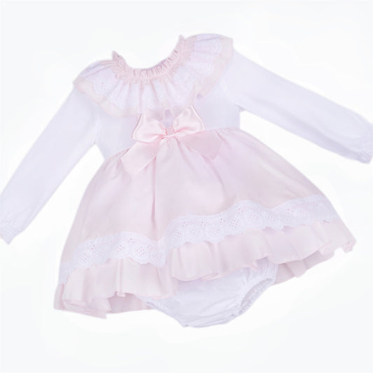Baby Girls Pale Pink Broderie Frill Dress & Pants Set