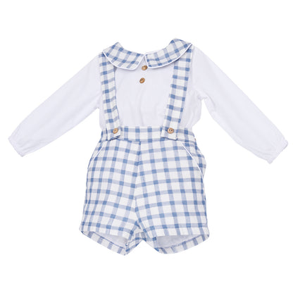 Baby Boys Blue Gingham Shirt and Brace Shorts Set