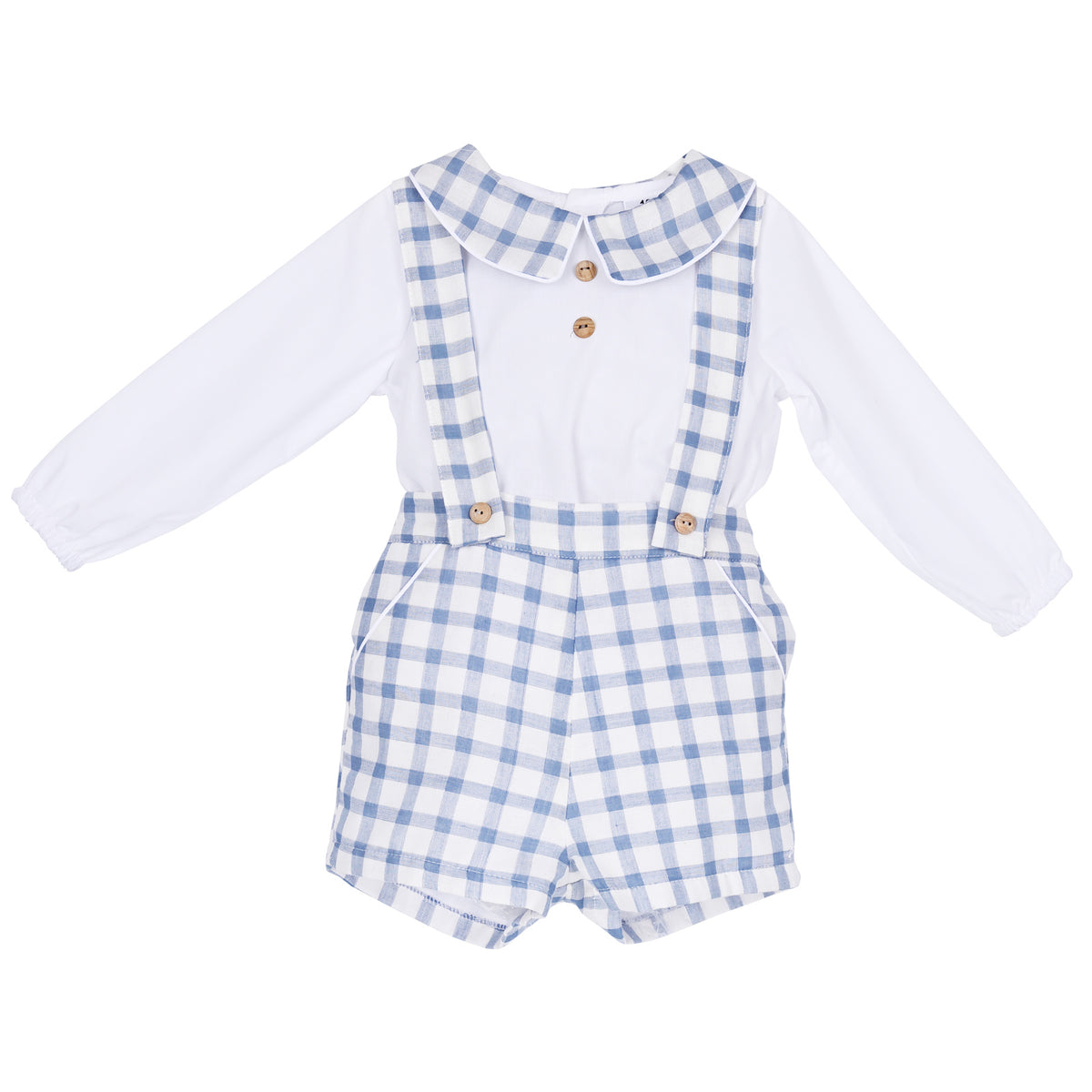Baby Boys Blue Gingham Shirt and Brace Shorts Set