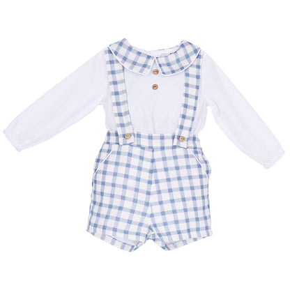 Baby Boys Blue Gingham Shirt and Brace Shorts Set
