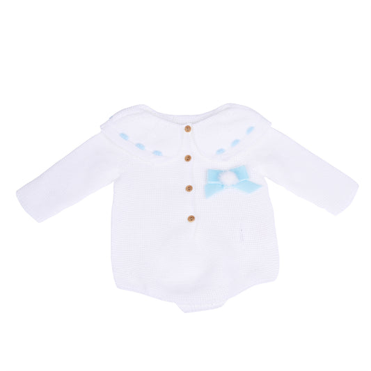 White and Blue Bow Knitted Baby Romper