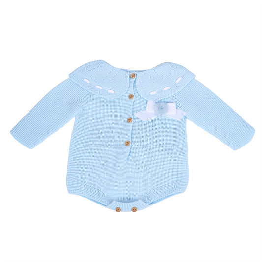 Blue Knitted Baby Romper with White Bow