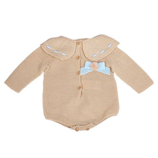 Camel and Blue Ribbon Knitted Baby Romper