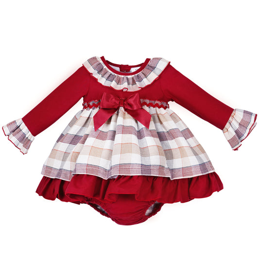 Baby Girls Burgundy Check Bow Dress and Pants Set